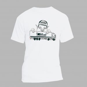 Camiseta de transportes blanca mostrando una ilustración de un duende agarrando un camión trailer