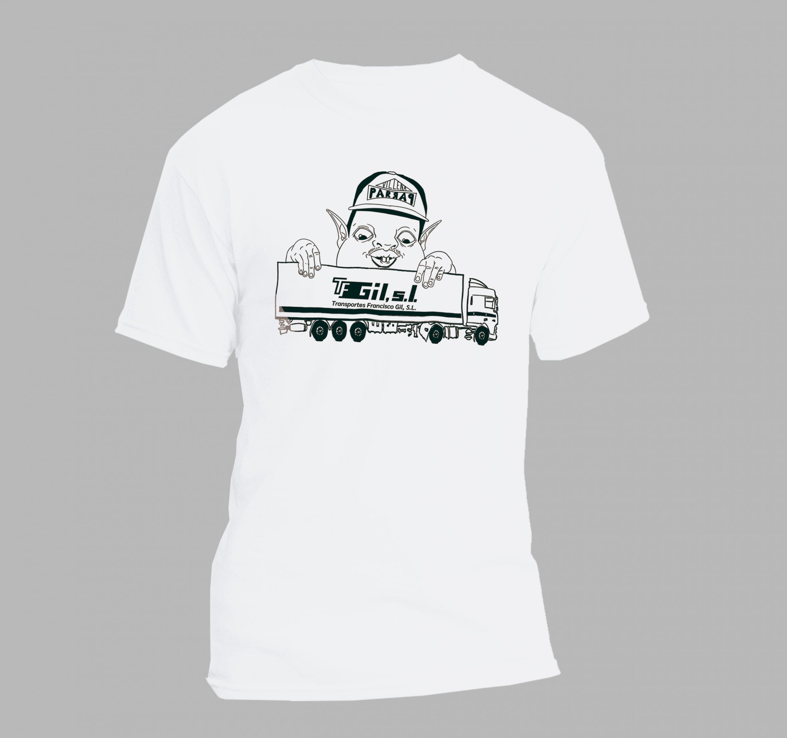 Camiseta de transportes blanca mostrando una ilustración de un duende agarrando un camión trailer