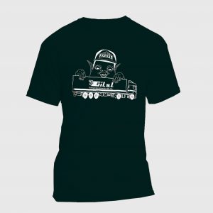 Camiseta de transportes negra mostrando una ilustración de un duende agarrando un camión trailer