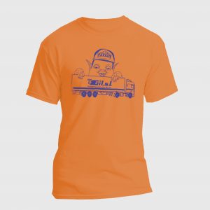 Camiseta de transportes naranja mostrando una ilustración de un duende agarrando un camión trailer