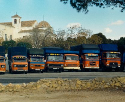 Imagen de una fila de camiones vistos de frente delante de un santuario