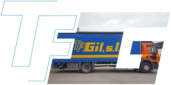 Vista lateral de un camión mediano de transporte de mercancías, aparcado delante de una nave.