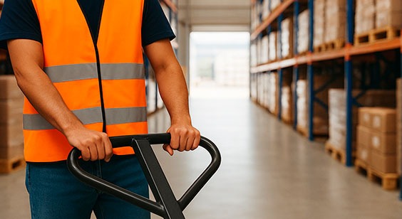 Hombre con chaleco de trabajo manejando una transpaleta