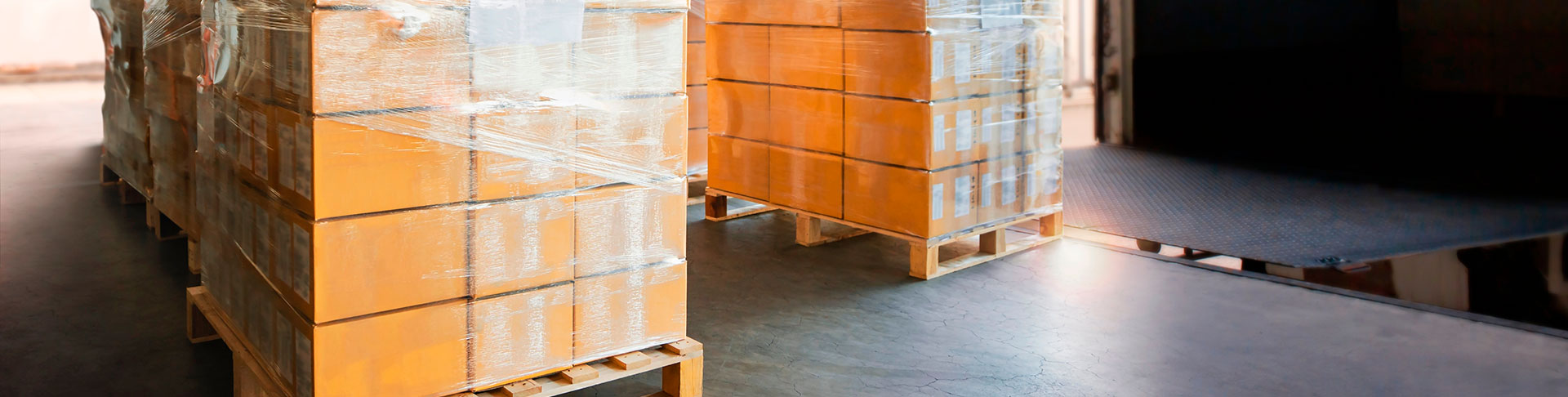 Dos palets de cajas de cartón dentro de un almacén de carga