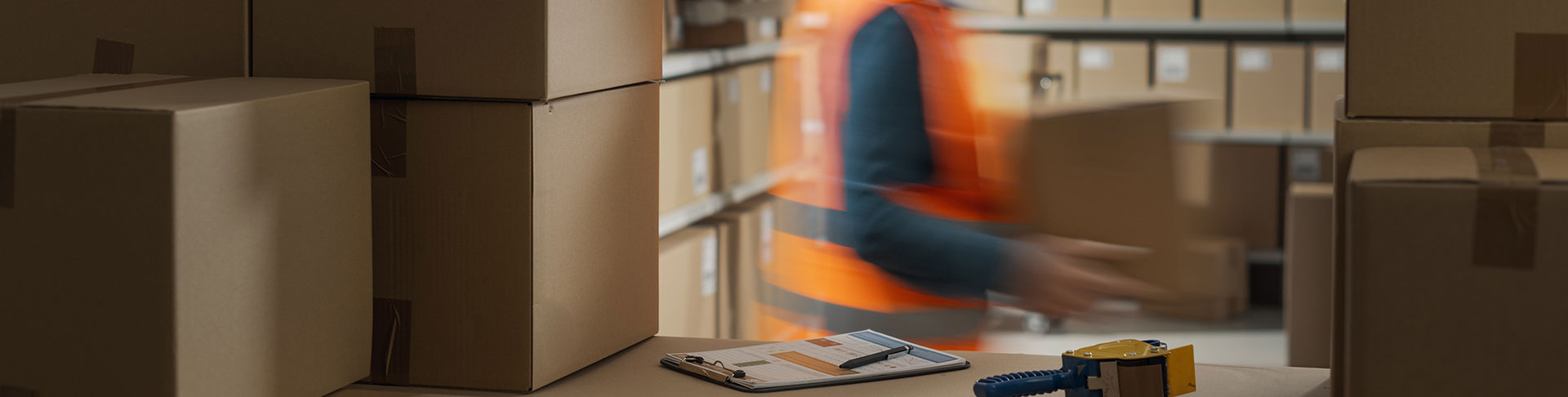 Hombre con chaleco de trabajo en un almacén lleno de cajas de cartón